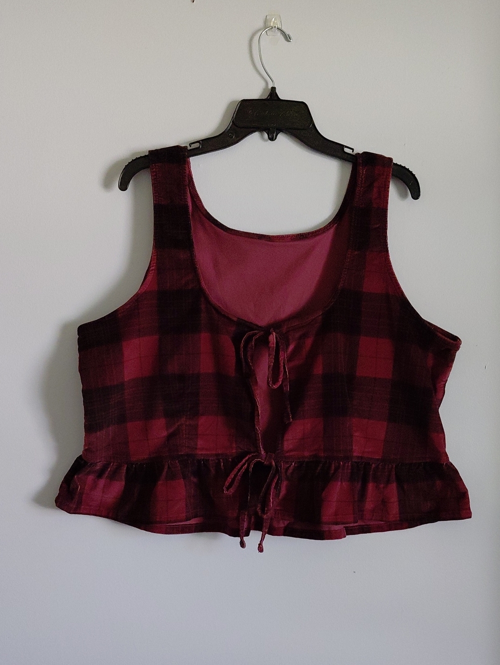 American Eagle Sleeveless Back Bow Peplum Tank Top Red Plaid Velvet Boxy XXL - Picture 9 of 14